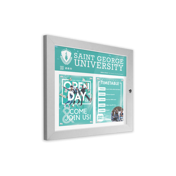2x A4 horizontal slim-lock menu case showcasing Saint George University's Open Day posters, including event details and a timetable. Perfect for university sign boards in the UK.