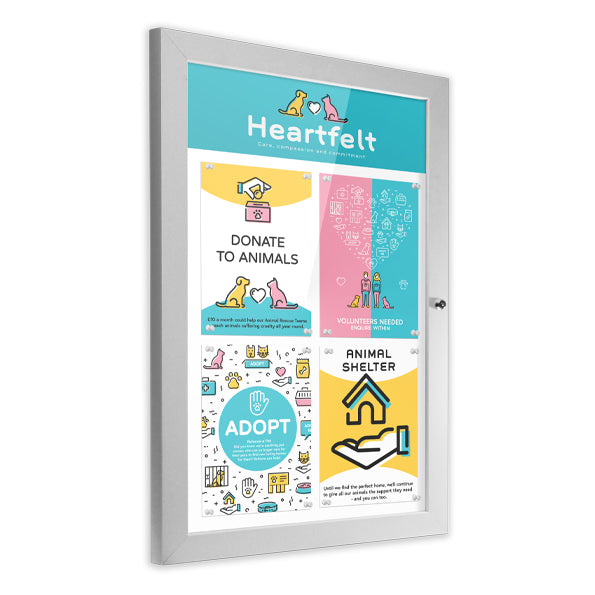 4x A4 slim-lock menu case displaying charity posters from 'Heartfelt,' promoting donations, volunteering, pet adoption, and animal shelter support. Perfect for charity sign boards in the UK.