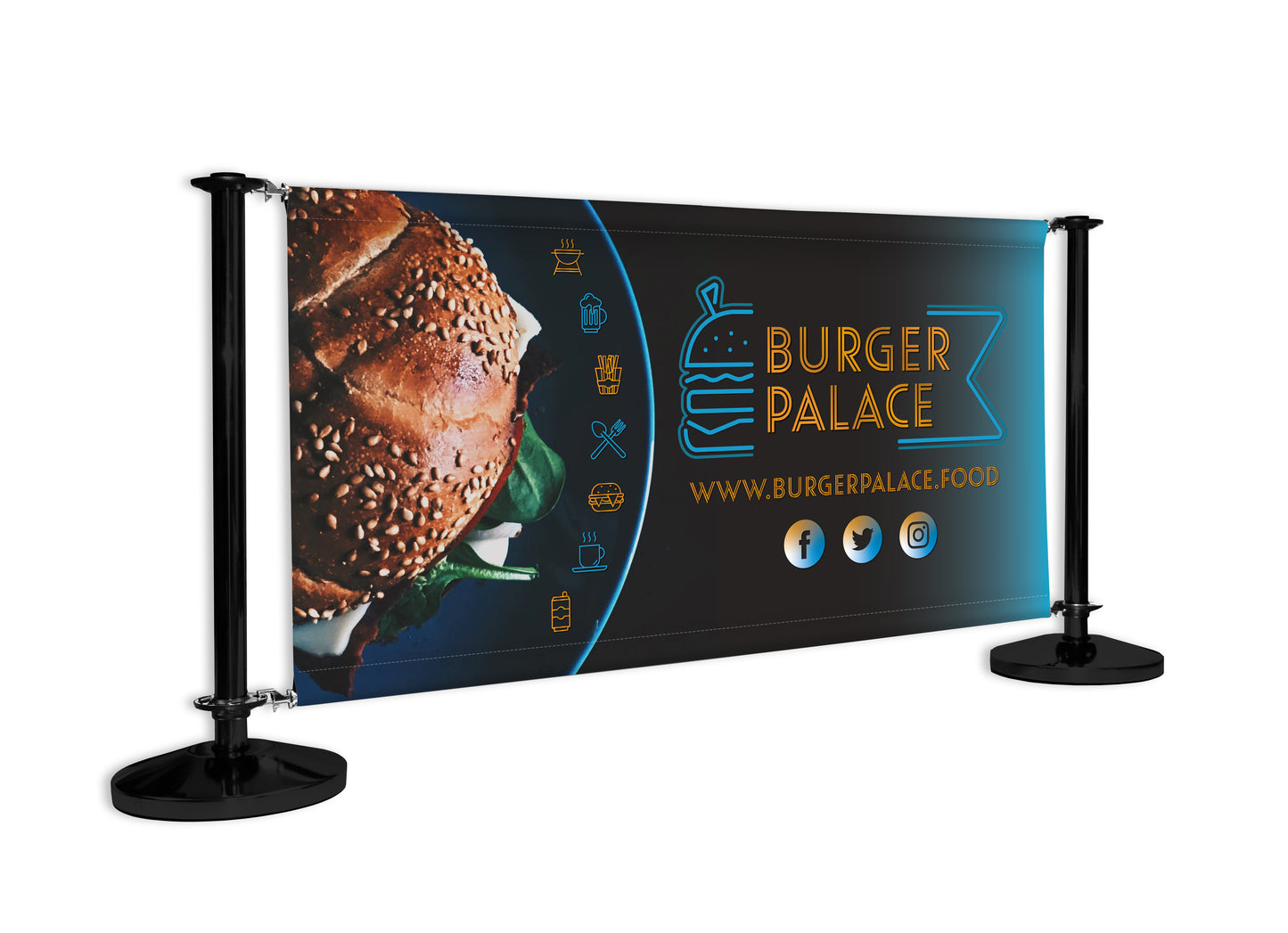 Adfresco black double cross rail system featuring a sleek and durable design, ideal for supporting banners in outdoor spaces. Perfect for businesses in the UK to create a professional and visually appealing barrier solution.