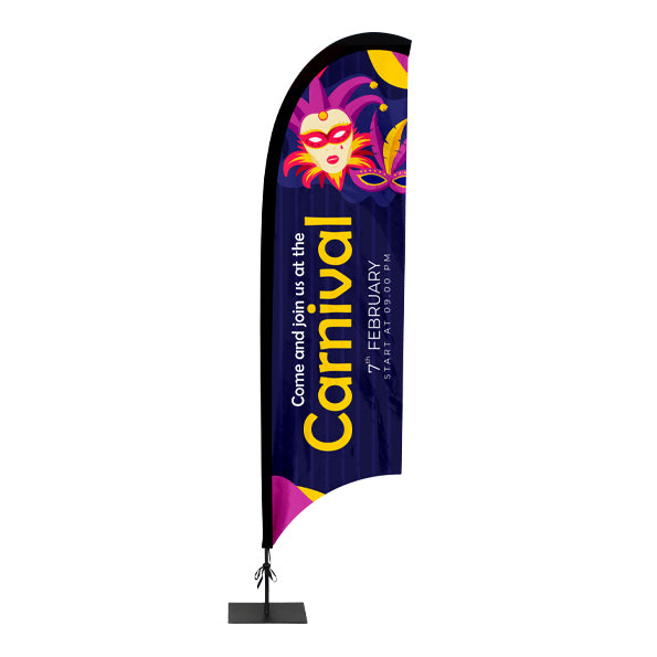 Feather flying banner with a black elasticated hem and a sturdy base plate, displaying vibrant carnival artwork featuring colorful masks and feathers. Includes text promoting the event