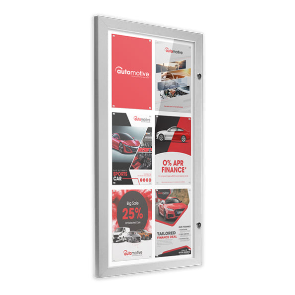 Slim-lock noticeboard displaying 6 A4 posters with automotive artwork, featuring car advertisements, finance offers, and promotional details. The sleek design makes it ideal for automotive showrooms or dealerships in the UK, particularly in cities like London or Manchester