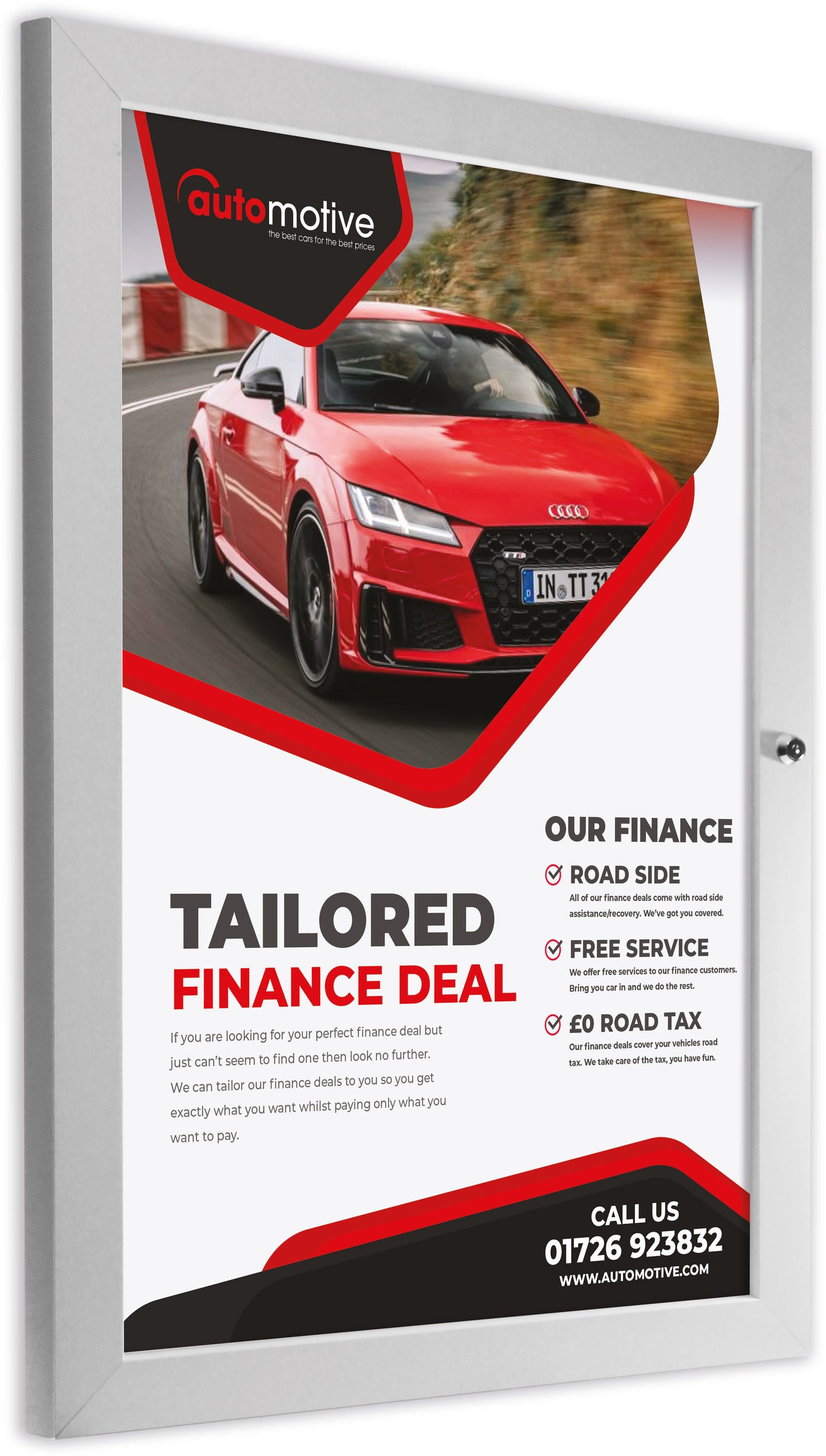 Slim-lock poster case designed for automotive businesses, providing a secure and professional display solution for advertisements. Ideal for enhancing visibility and attracting customer attention in the UK.