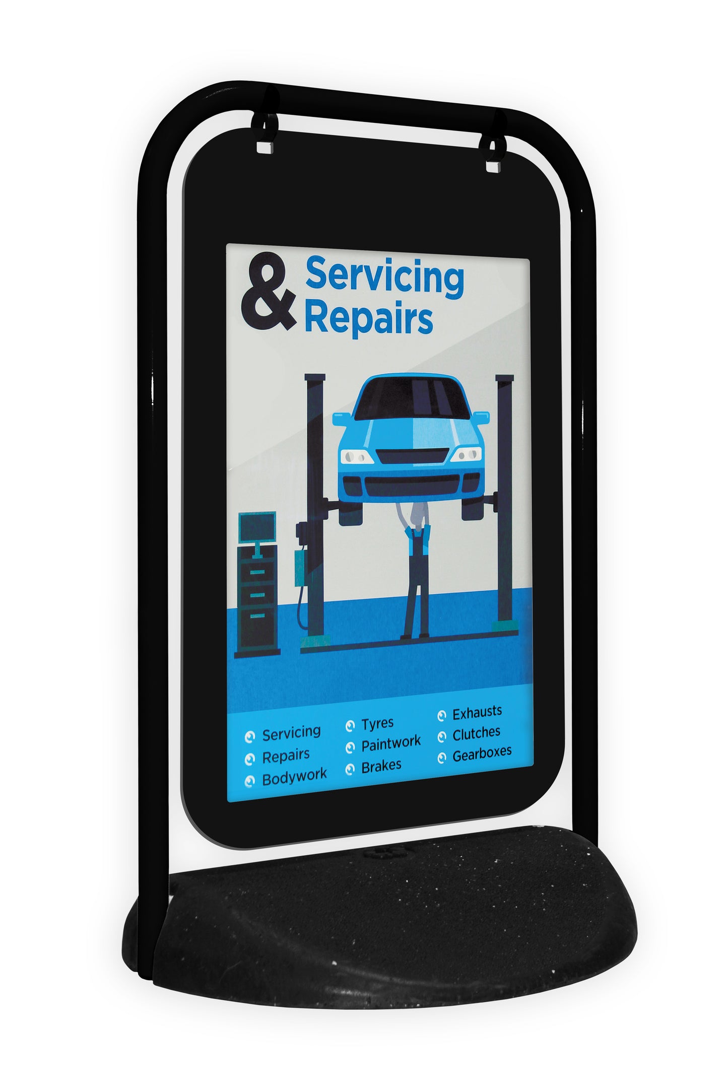 Swinger-2 sign board with a black frame and poster pocket, ideal for attracting attention on pavements, boosting visibility, and increasing foot traffic for businesses in the UK.