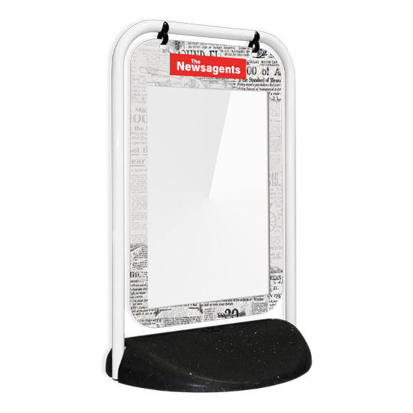 Swinger-2 sign board with a white frame featuring a printed poster pocket surrounded by newspaper-themed artwork. Ideal for promoting newsagent businesses in the UK