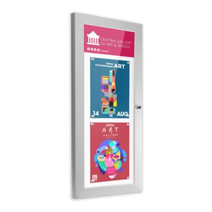 Menu case for businesses in the UK featuring a vertical design with two A4-sized sections for displaying promotional content or event details. Includes a labeled header area for branding and secure construction for outdoor or indoor use.