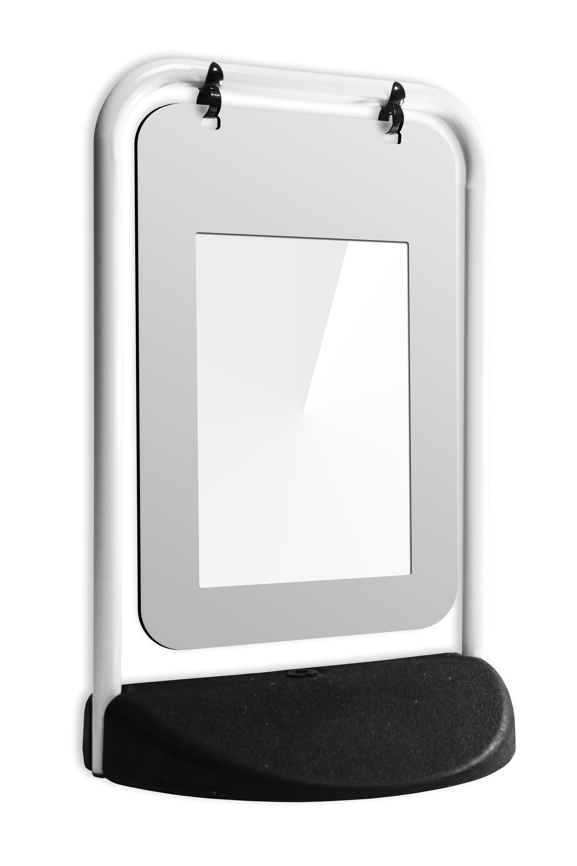 Freestanding sign holder with a white rectangular frame and clear panel, supported by a black weighted base. Designed for displaying signs or posters securely in retail stores, restaurants, or public spaces.