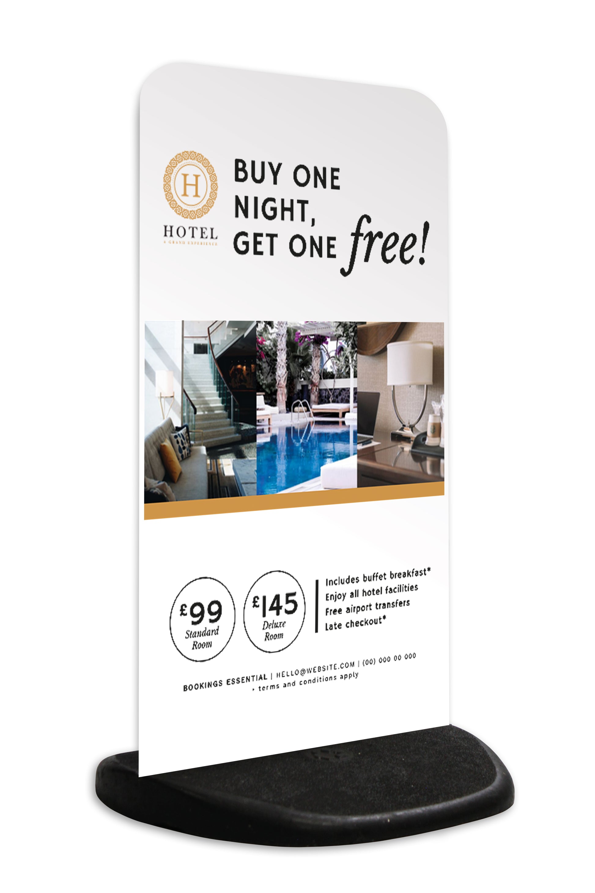 Flex Pavement Sign Extra signboard featuring hotel artwork with a 'Buy One Night, Get One Free' promotion, highlighting room options and amenities. Ideal for hotel sign boards in the UK.