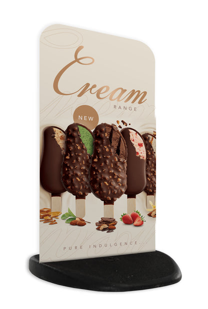 Flex Pavement Sign Extra signboard promoting ice cream offerings with colorful graphics and text, ideal for cafés, shops, or outdoor advertising in the UK.