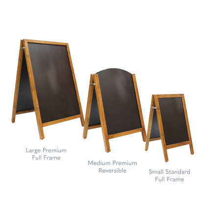 Wood Work Chalk A Board range featuring 7 models across 3 unique styles: Large Premium Full Frame, Medium Premium Reversible, and Small Standard Full Frame. Ideal for professional sign boards in the UK.