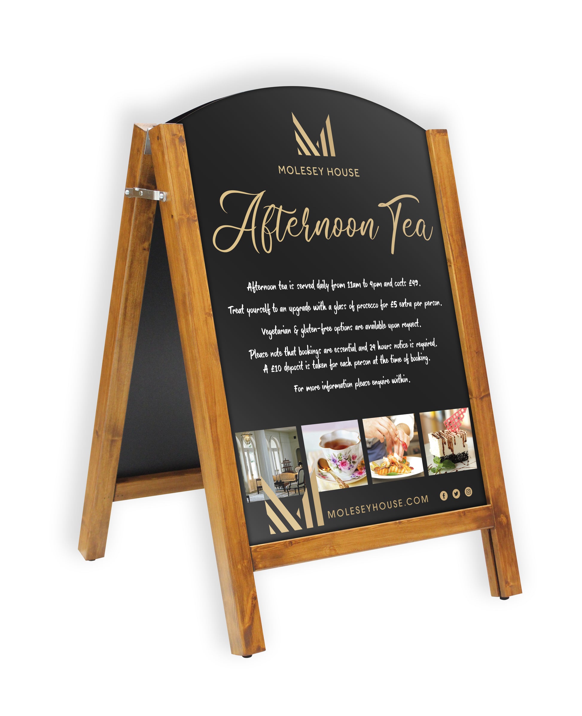 Wooden premium reversible A-frame signboard with a printed panel advertising 'Afternoon Tea' at Molesey House, including event details, prices, and booking information. Ideal for restaurant and café sign boards in the UK.